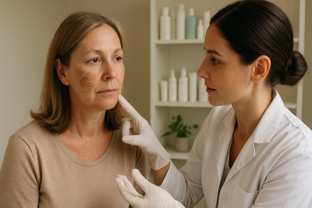 Dermatologista aplica creme em paciente com melasma durante consulta em clínica moderna.