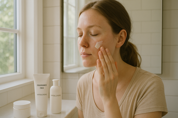 Mulher jovem com pele clara e sensível aplicando hidratante na bochecha em um banheiro moderno, iluminado pela luz natural da manhã.
