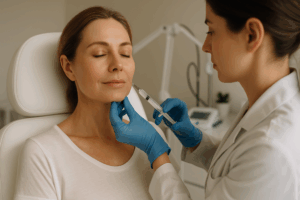 Mulher de 40 anos recebe preenchimento facial com ácido hialurônico por dermatologista com luvas azuis em clínica estética moderna