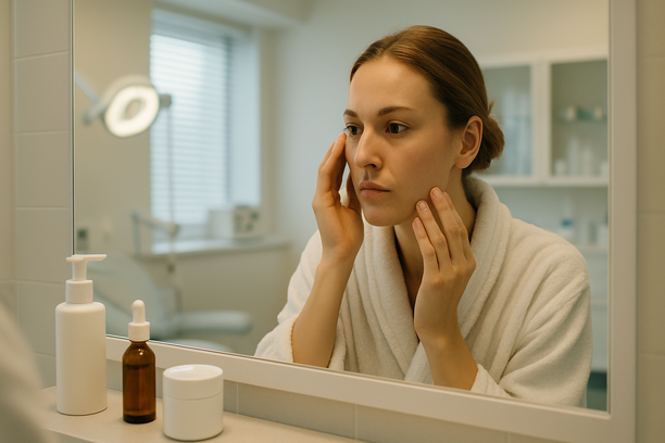 Mulher adulta examinando o próprio rosto em frente ao espelho em clínica dermatológica com iluminação suave e produtos de skincare sobre a bancada.