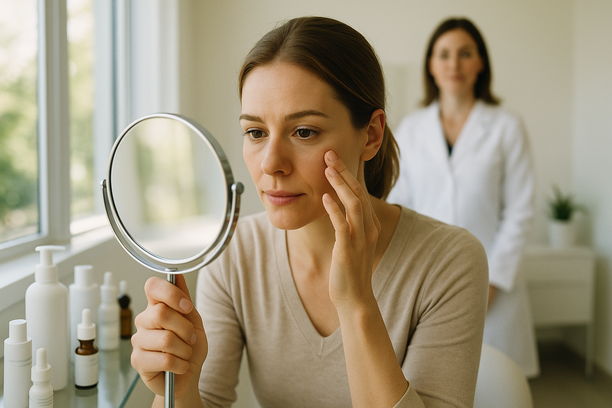 Mulher de cerca de 35 anos observa seu rosto em um espelho de aumento em clínica dermatológica iluminada, com profissional ao fundo e produtos organizados em bancada de vidro.