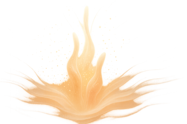 Composição abstrata com fluxos ascendentes, partículas douradas em suspensão e camadas translúcidas em tons perolados e rosados, sugerindo regeneração celular e leveza