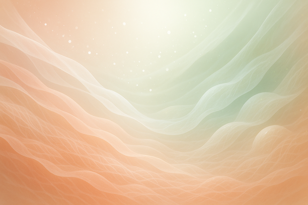 Composição abstrata com camadas translúcidas ondulantes, partículas luminosas e texturas orgânicas em tons suaves, simbolizando vitalidade e cuidado da pele