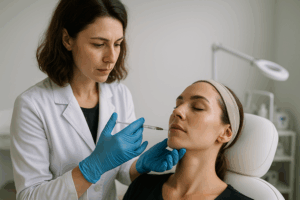 Dermatologista aplicando preenchimento facial em paciente usando seringa, com luvas azuis, em consultório bem iluminado e moderno