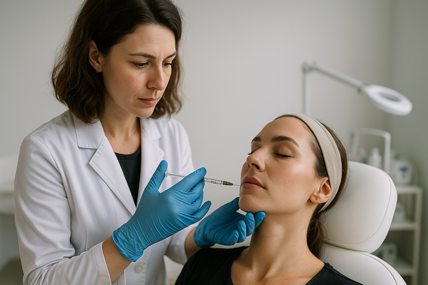 Dermatologista aplicando preenchimento facial em paciente usando seringa, com luvas azuis, em consultório bem iluminado e moderno