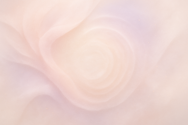Composição abstrata com camadas concêntricas suaves, partículas translúcidas e tons delicados de rosa, bege, lavanda e branco em textura etérea