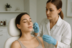 Dermatologista aplicando peeling químico em jovem com pele limpa em consultório moderno e minimalista